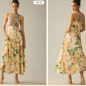 Anthropologie Floral Crewneck Embroidered A Line Maxi Dress Size 8 US
